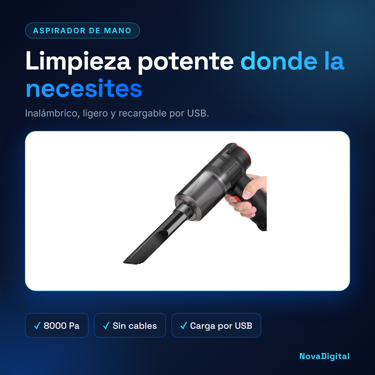 Aspirador de mano inalámbrico recargable por USB con 8000 Pa de succión