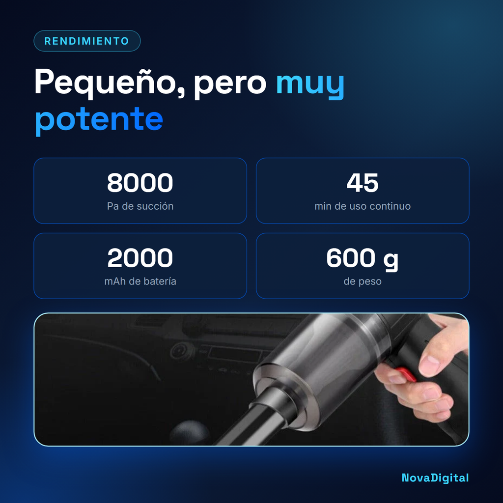 Aspirador de mano: 8000 Pa, 45 minutos de uso, batería de 2000 mAh y 600 g