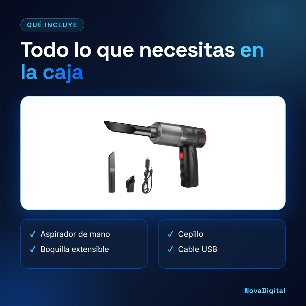 Qué incluye el aspirador de mano: boquilla extensible, cepillo y cable USB