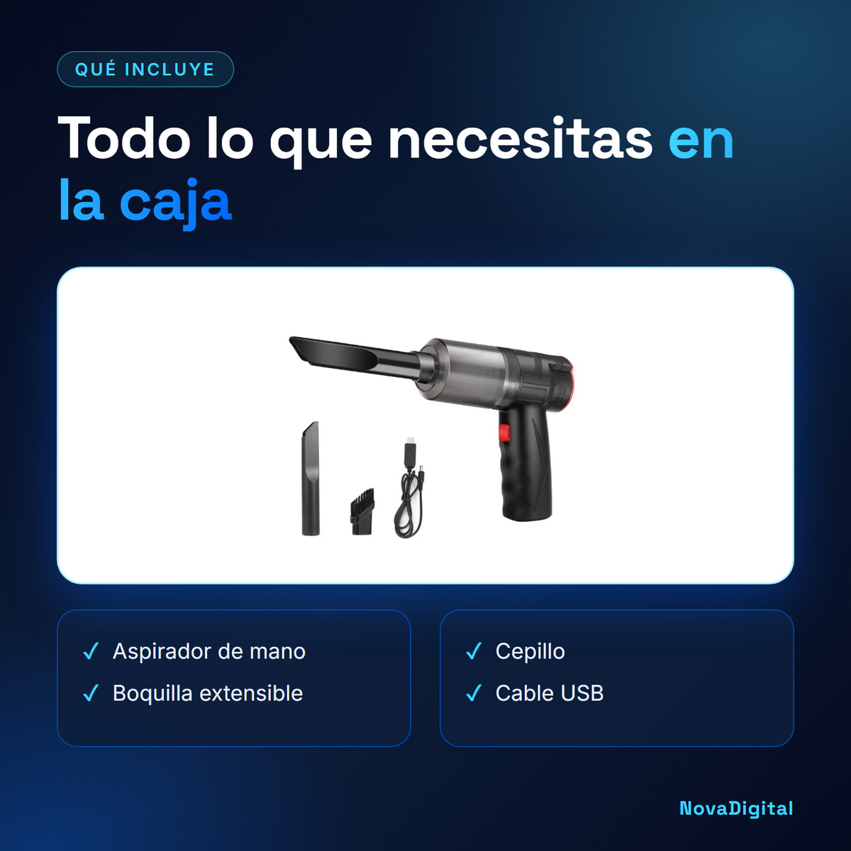 Qué incluye el aspirador de mano: boquilla extensible, cepillo y cable USB