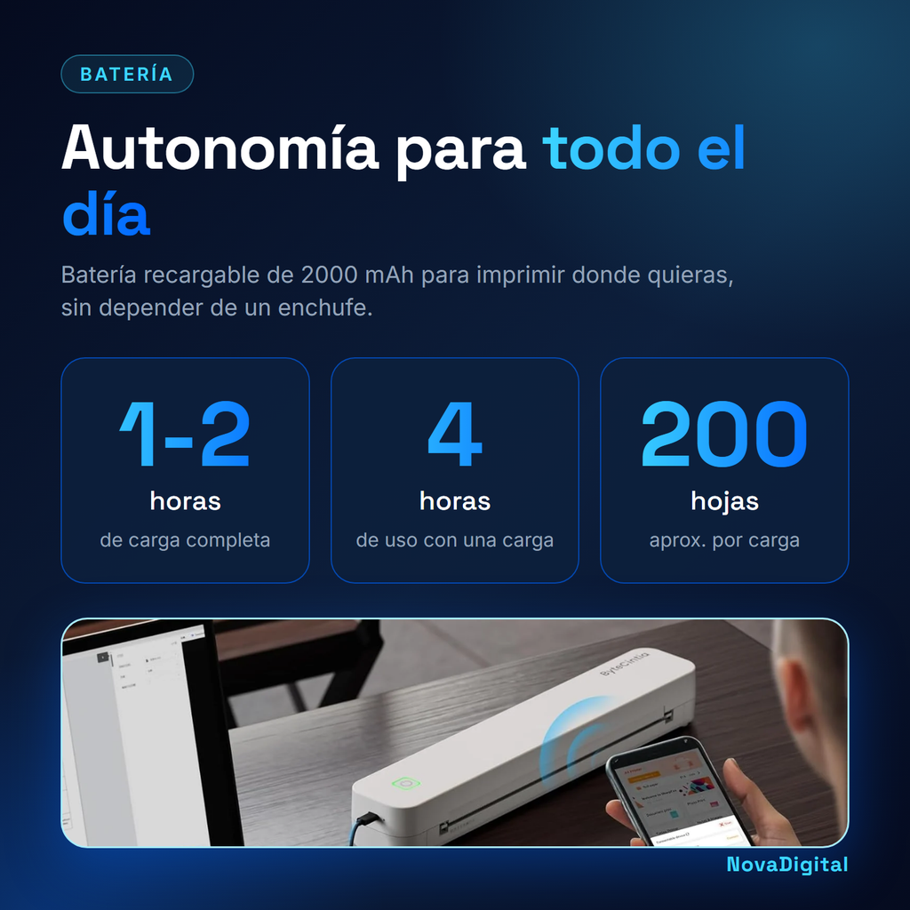 Autonomía de la impresora C80: batería de 2000 mAh, hasta 4 horas y unas 200 hojas