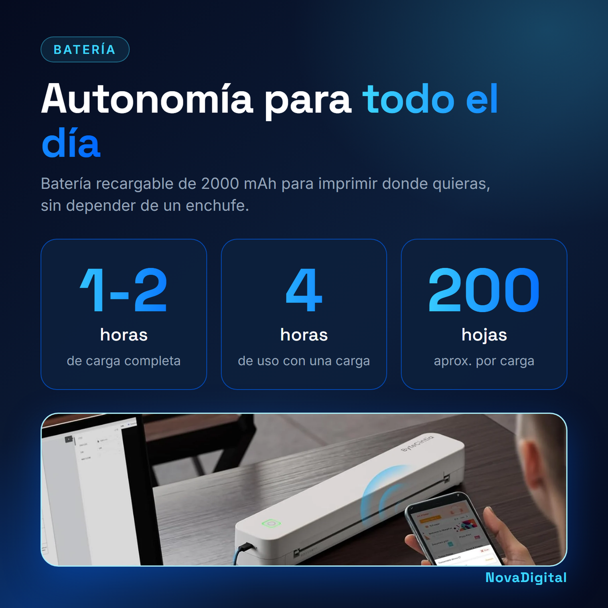 Autonomía de la impresora C80: batería de 2000 mAh, hasta 4 horas y unas 200 hojas