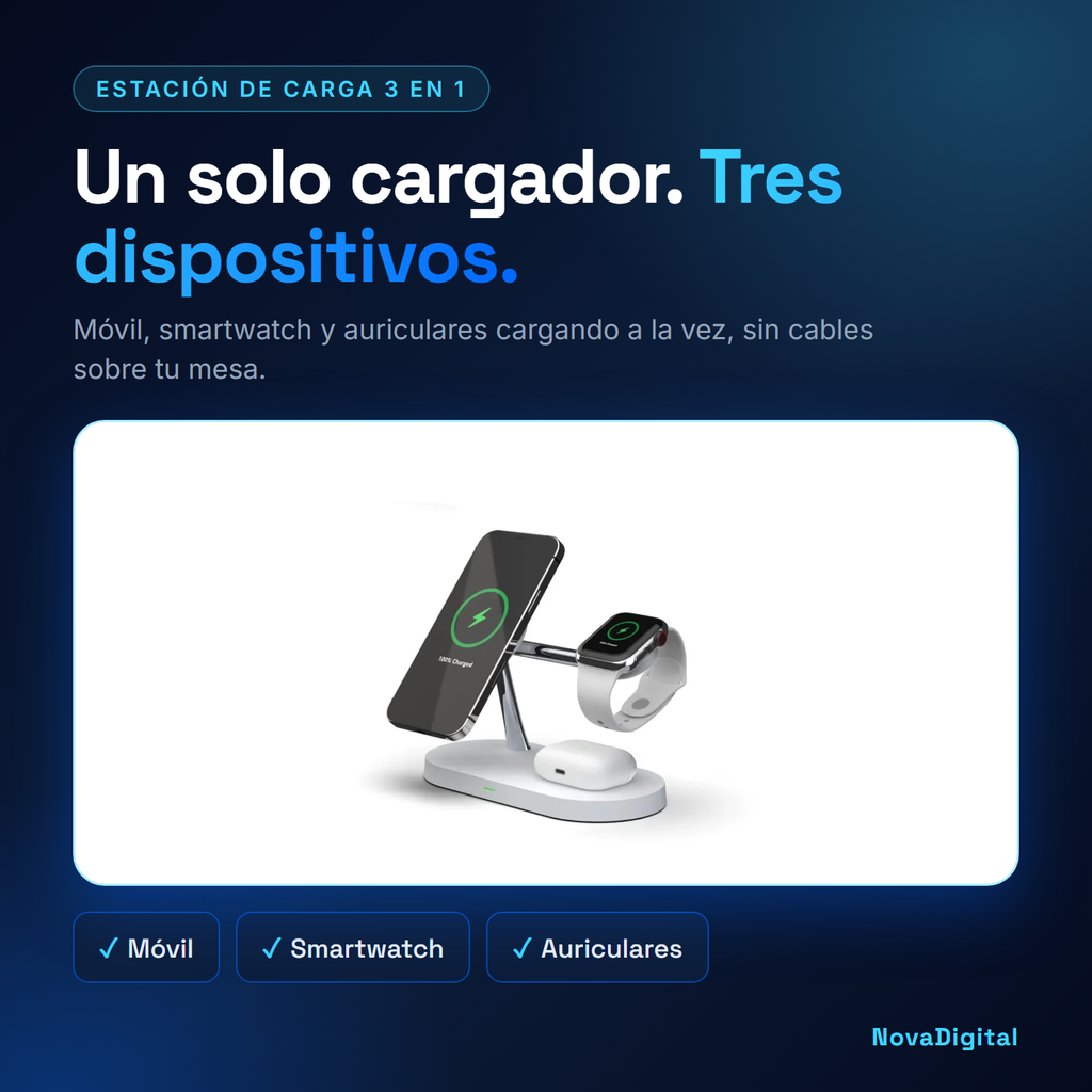 Estación de carga inalámbrica 3 en 1 Rayvia: un solo cargador para móvil, smartwatch y auriculares