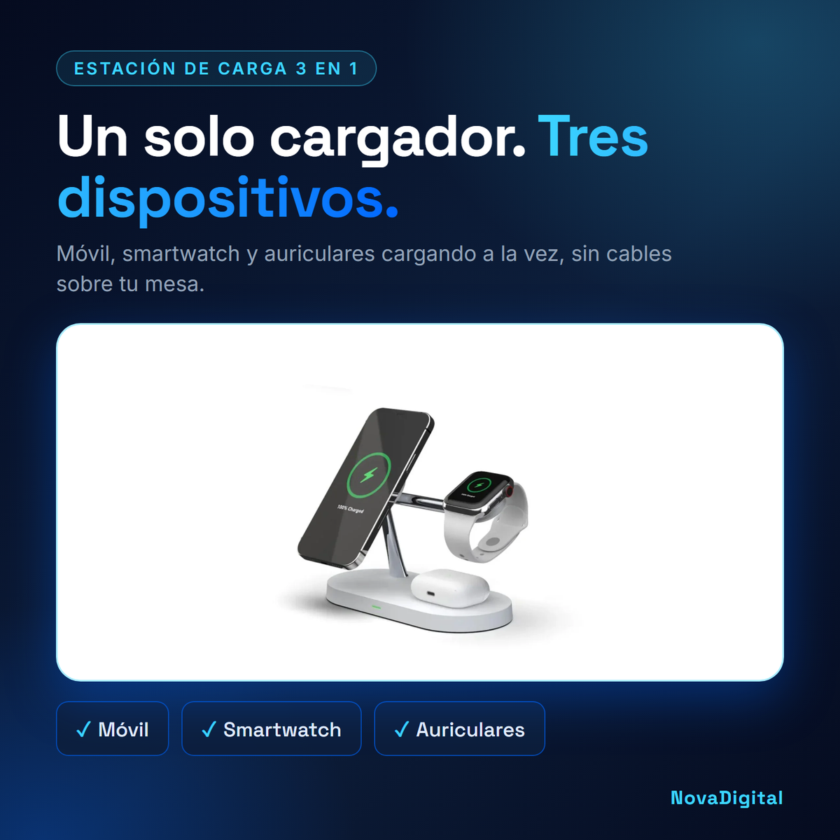 Estación de carga inalámbrica 3 en 1 Rayvia: un solo cargador para móvil, smartwatch y auriculares