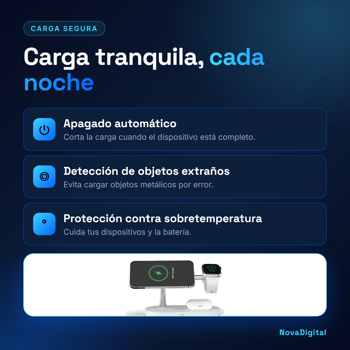 Carga segura Rayvia: apagado automático, detección de objetos extraños y protección contra sobretemperatura